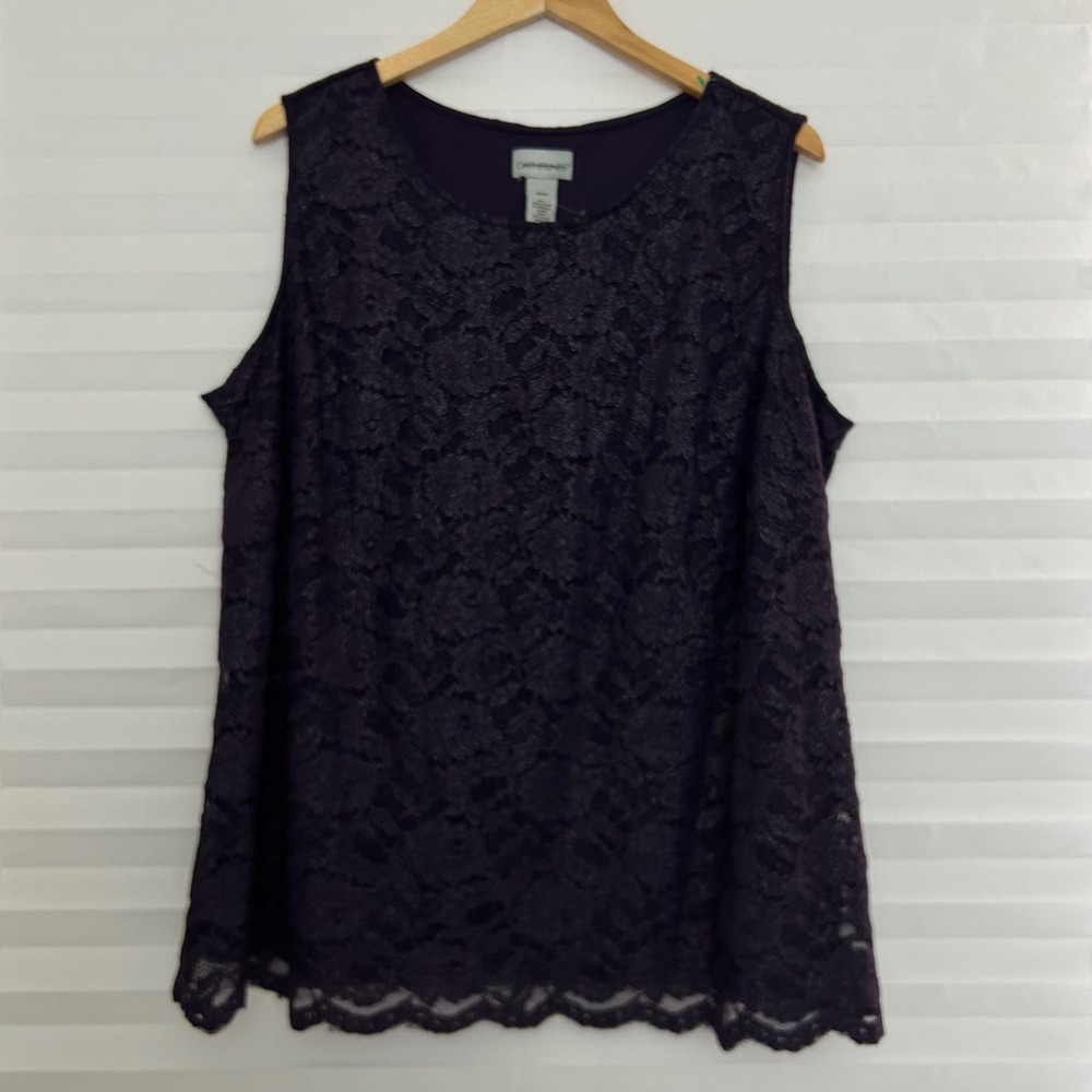 Catherines Purple Floral Lace Shimmer Tank Top Blouse Plus Sz 24W Scalloped Hem - Picture 1 of 7